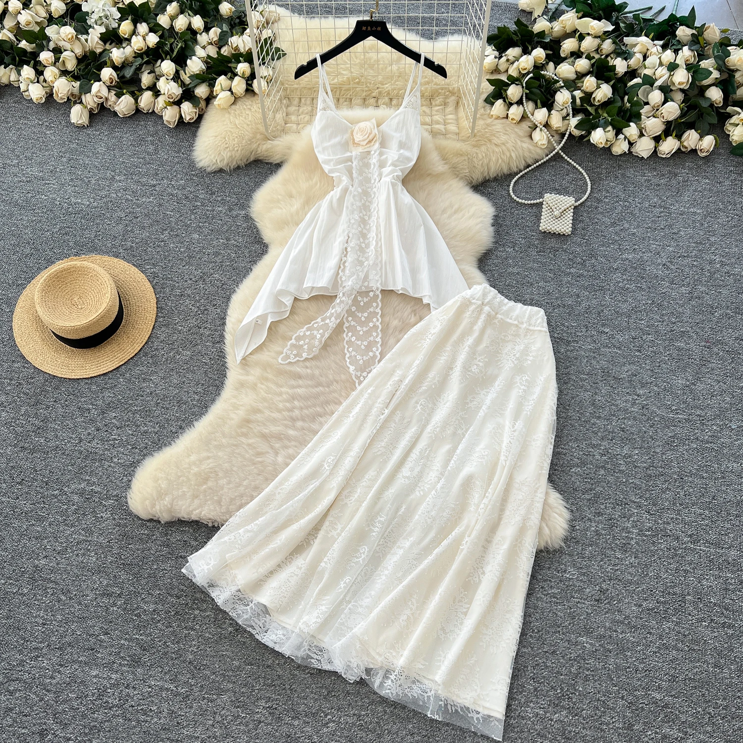 Vintage floral lace High Waist Dress A-line Sleeveless Dress Chic Summer Beach Vestidos Women Vacation Two Piece Set
Vintage floral lace High Waist Dress A-line Sleeveless Dress Chic Summer Beach Vestidos Women Vacation Two Piece Set