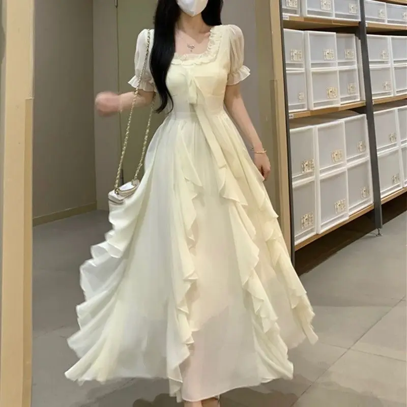 Elegant Floor Length Dress With Ruffles And Puff Sleeves Sweet Style For Spring Summer Women
Elegant Floor Length Dress With Ruffles And Puff Sleeves Sweet Style For Spring Summer Women