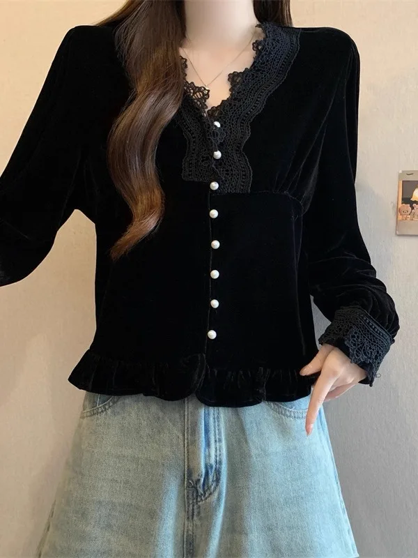 Bla Lace V-Ne Long Sve irt Женские большие размеры Весна Осень Своичный подол Красивый топ Корейский Sle Commute
Bla Lace V-Ne Long Sve irt Женские большие размеры Весна Осень Своичный подол Красивый топ Корейский Sle Commute