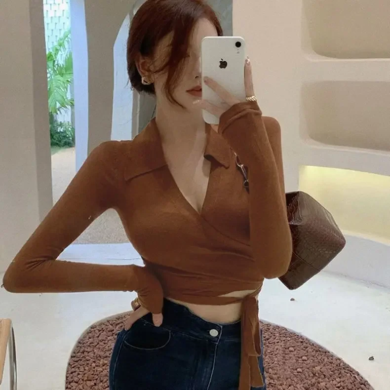 Sweet Hot Girl Sexy V-neck Lace-up Slim-fit T-shirt Women's Spring and Summer Short Long-sleeved Knitwear Fashion Female Clothes
Sweet Hot Girl Sexy V-neck Lace-up Slim-fit T-shirt Women's Spring and Summer Short Long-sleeved Knitwear Fashion Female Clothes