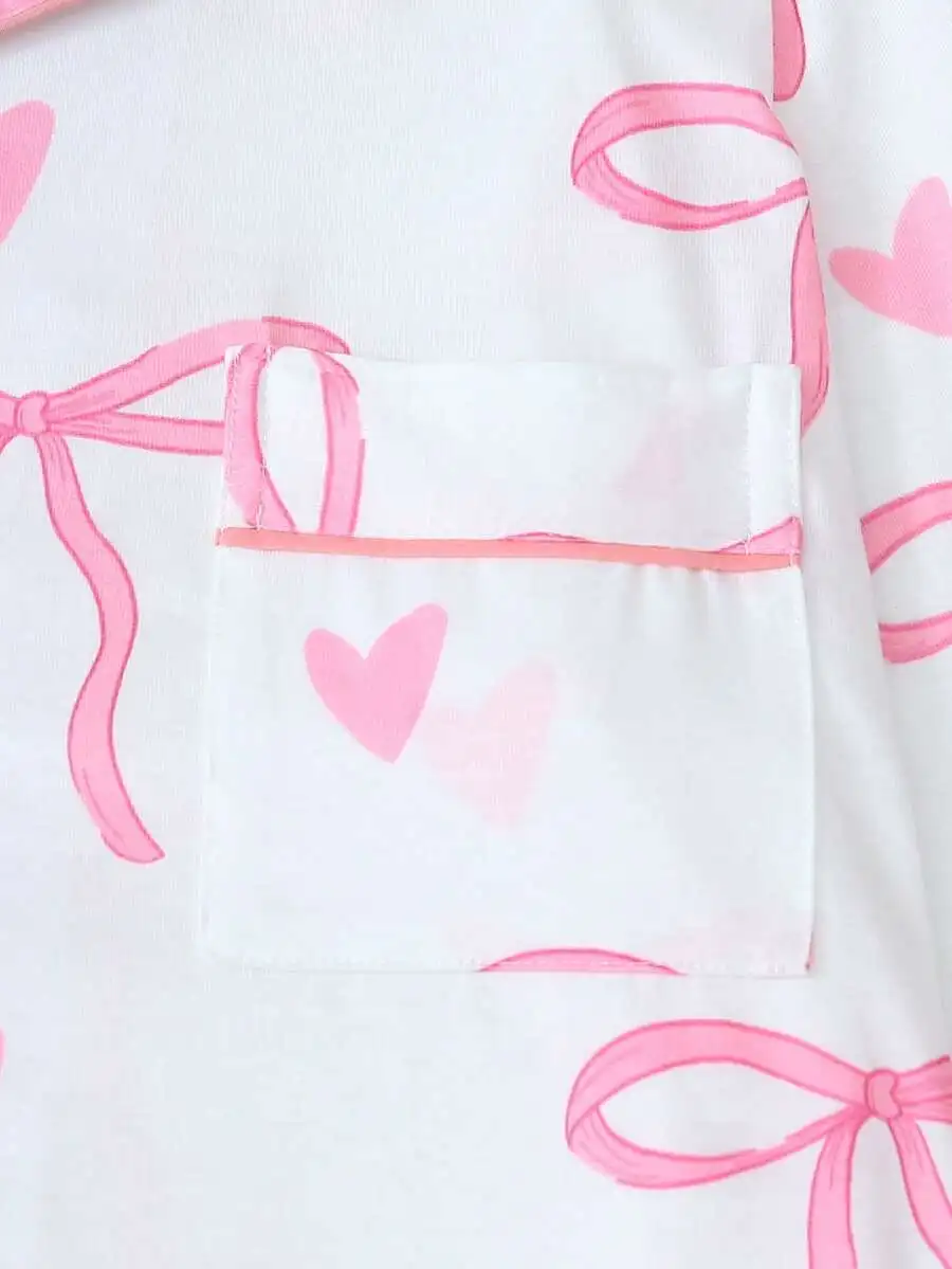 2PCS Women Bow And Heart Print Pajama Set Long Sleeve Button Down Shirt With Pants
2PCS Women Bow And Heart Print Pajama Set Long Sleeve Button Down Shirt With Pants