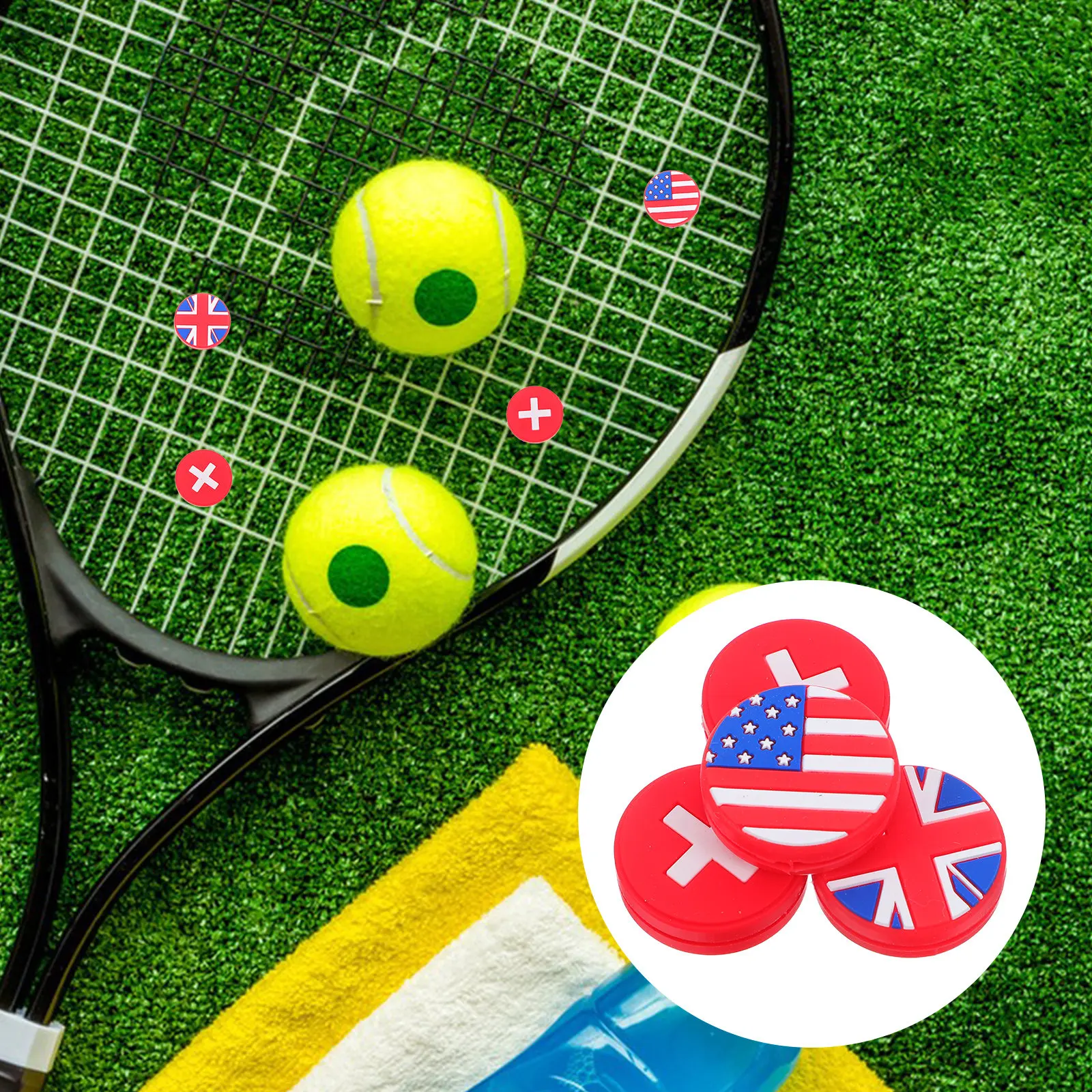 4Pcs Silicone Tennis Racket Vibration Dampeners Flag Pattern Improve Control Reduce Shock Tennis Racket Absorbers for Players