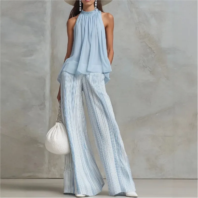 Elegant Chiffon 2 Piece Sets Light Blue Sleeveless Top & Striped Wide-leg Trousers Set 2026 Summer Casual Vacation Women's Suit
Elegant Chiffon 2 Piece Sets Light Blue Sleeveless Top & Striped Wide-leg Trousers Set 2026 Summer Casual Vacation Women's Suit