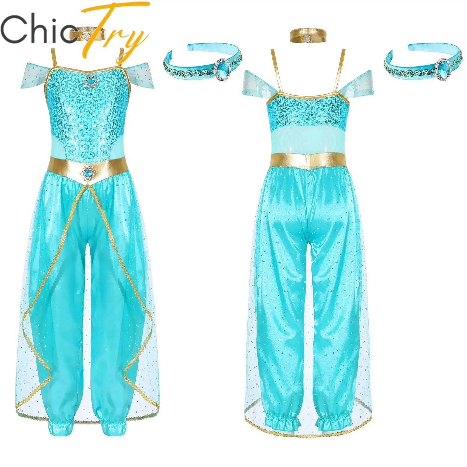 Girls Fairy Tale Arabian Princess Cosplay Costume Halloween Sequins Jumpsuit with Choker and Headwear Carnival Roleplay Dress Up
Girls Fairy Tale Arabian Princess Cosplay Costume Halloween Sequins Jumpsuit with Choker and Headwear Carnival Roleplay Dress Up