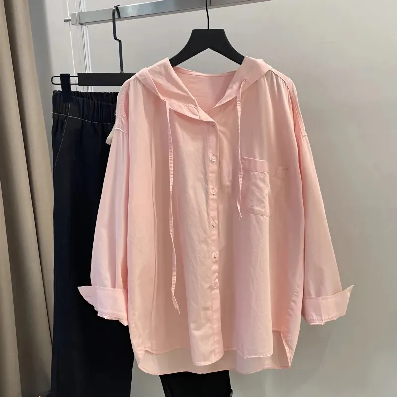 Women's Pink Hooded Shirt Long Sleeve Button Down Loose Fit Casual Blouse with Pocket
Women's Pink Hooded Shirt Long Sleeve Button Down Loose Fit Casual Blouse with Pocket