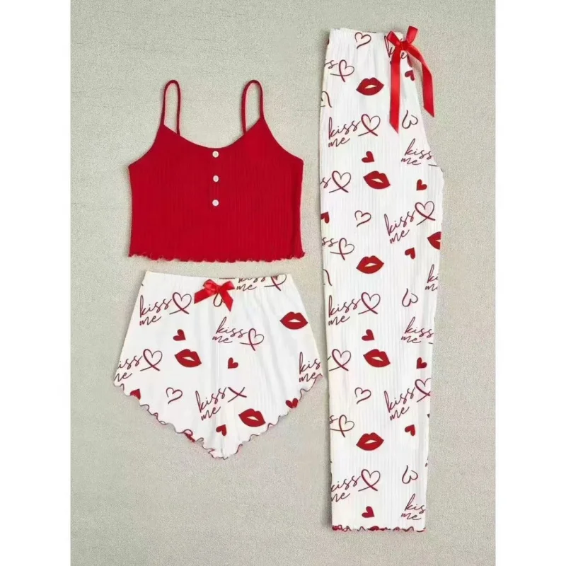 Heart Print Three Piece Pajama Set Button Decoration Camisole Long Pants Cozy Soft Loungewear Casual Home Clothing For Ladies
Heart Print Three Piece Pajama Set Button Decoration Camisole Long Pants Cozy Soft Loungewear Casual Home Clothing For Ladies