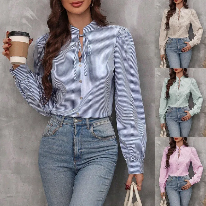 Women Blouse V Neck Striped Tie Front Blouses Blue Striped Pink Striped Button Down Blouse Casual Elegant Long Sleeve Blouse
Women Blouse V Neck Striped Tie Front Blouses Blue Striped Pink Striped Button Down Blouse Casual Elegant Long Sleeve Blouse