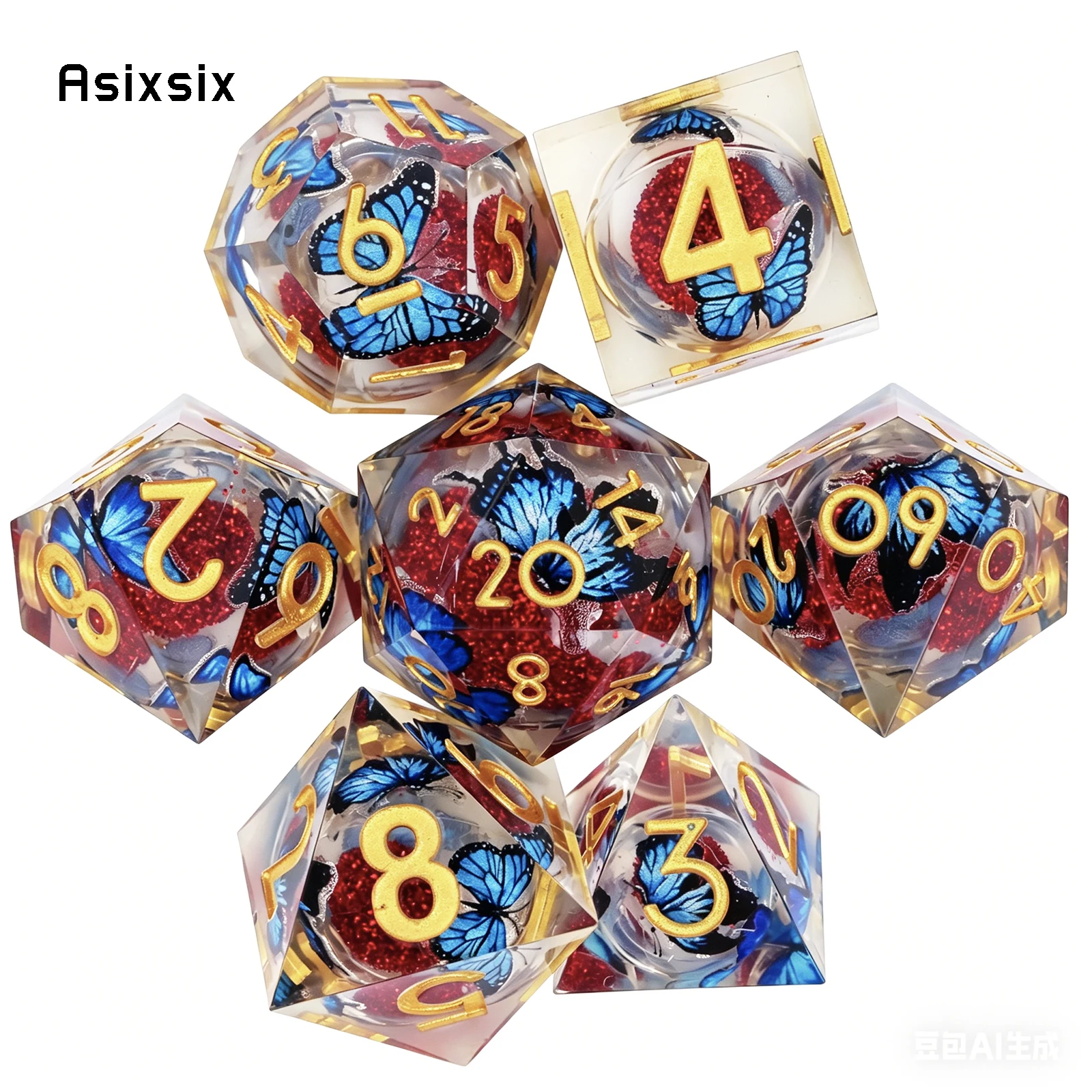 7 Pcs Colorful Blue Butterfly Red Resin Golden Number Sharp Edge Dice Polyhedral Dice Suitable for Role-Playing RPG Board Game
7 Pcs Colorful Blue Butterfly Red Resin Golden Number Sharp Edge Dice Polyhedral Dice Suitable for Role-Playing RPG Board Game