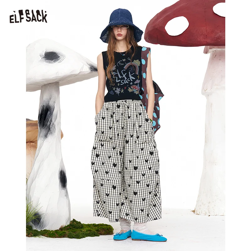 ELFSACK Gingham Heart Print Wide Leg Pants, Elastic Waist Casual Culottes, Y2K Streetwear Loose Trousers
ELFSACK Gingham Heart Print Wide Leg Pants, Elastic Waist Casual Culottes, Y2K Streetwear Loose Trousers