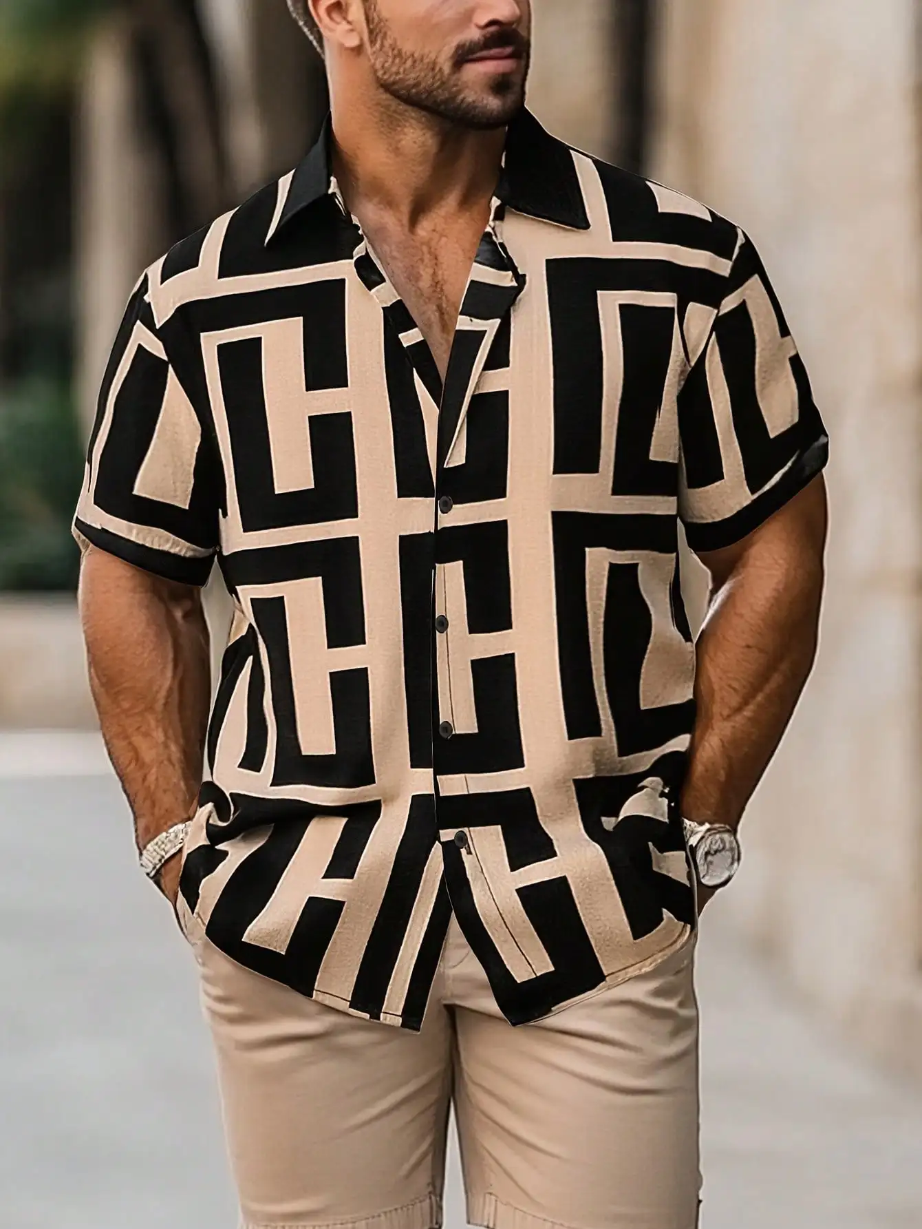Men's Short Sleeve Button-Down Shirt with Geometric Print and Contrast Collar
Men's Short Sleeve Button-Down Shirt with Geometric Print and Contrast Collar