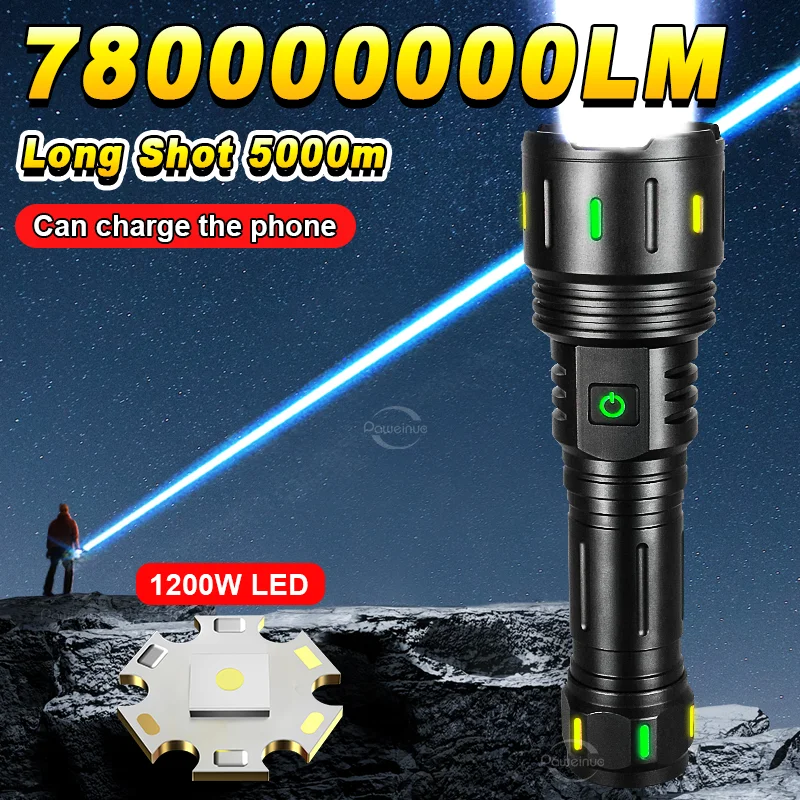 780000000LM Most Powerful Led Flashlight Long Range 5000m Tactical Torch Rechargeable 1200W LED High Power Lantern Outdoor
780000000LM Most Powerful Led Flashlight Long Range 5000m Tactical Torch Rechargeable 1200W LED High Power Lantern Outdoor