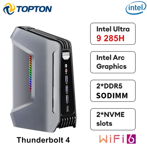 Topton F12 AI Gaming Mini PC 5. Generation Intel Core Ultra 9 285H 7 255H Thunderbolt 4 2xDDR5 2xPCIe 2x2,5G LAN Windows 11 RGB WiFi6