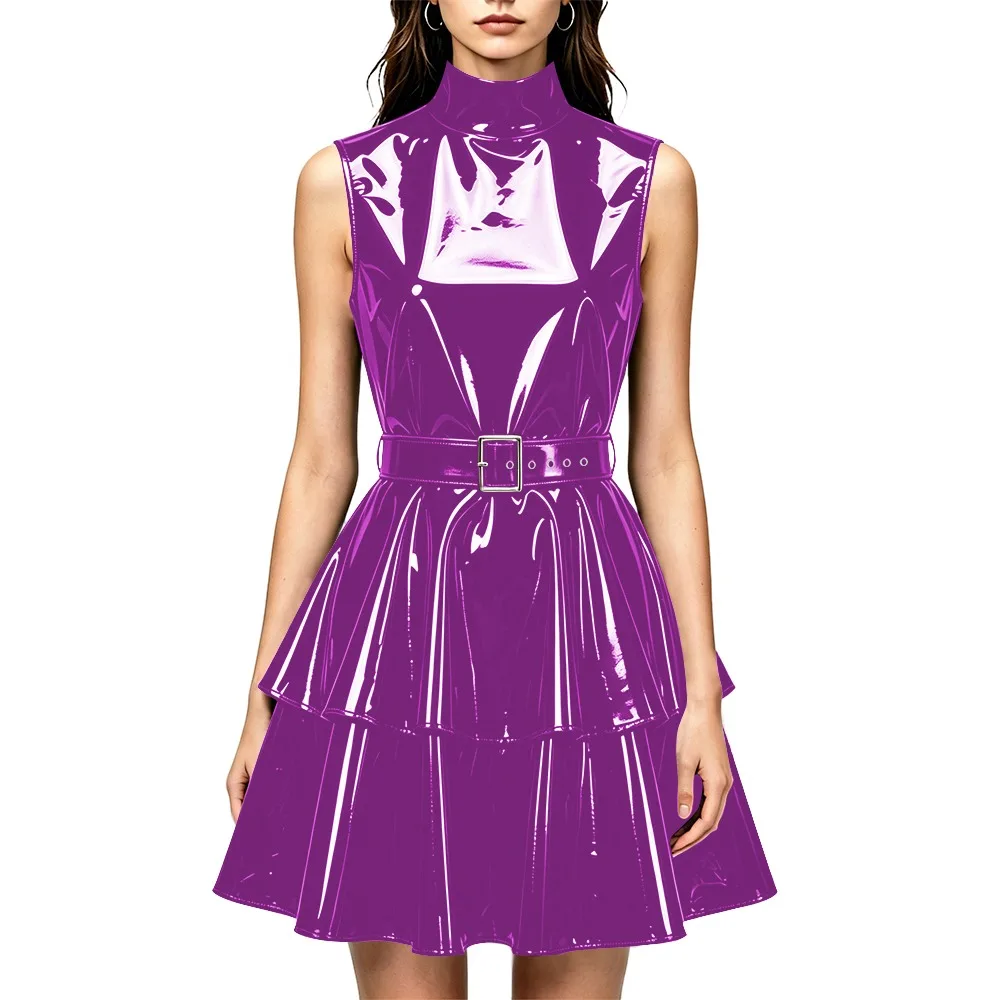 Glossy Vinyl Sleeveless Mock Collar Mini Dress with Belt Shiny PU Leather Sundress Plus Size Women Clubwear Party Elegant Outfit
Glossy Vinyl Sleeveless Mock Collar Mini Dress with Belt Shiny PU Leather Sundress Plus Size Women Clubwear Party Elegant Outfit