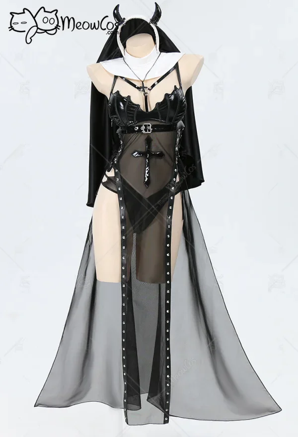 Meowcos Women Gothic Wicked Nun Uniform Cosplay Costume Sexy Lingerie Set Black Mesh Dress with Gloves and Pantyhose
Meowcos Women Gothic Wicked Nun Uniform Cosplay Costume Sexy Lingerie Set Black Mesh Dress with Gloves and Pantyhose