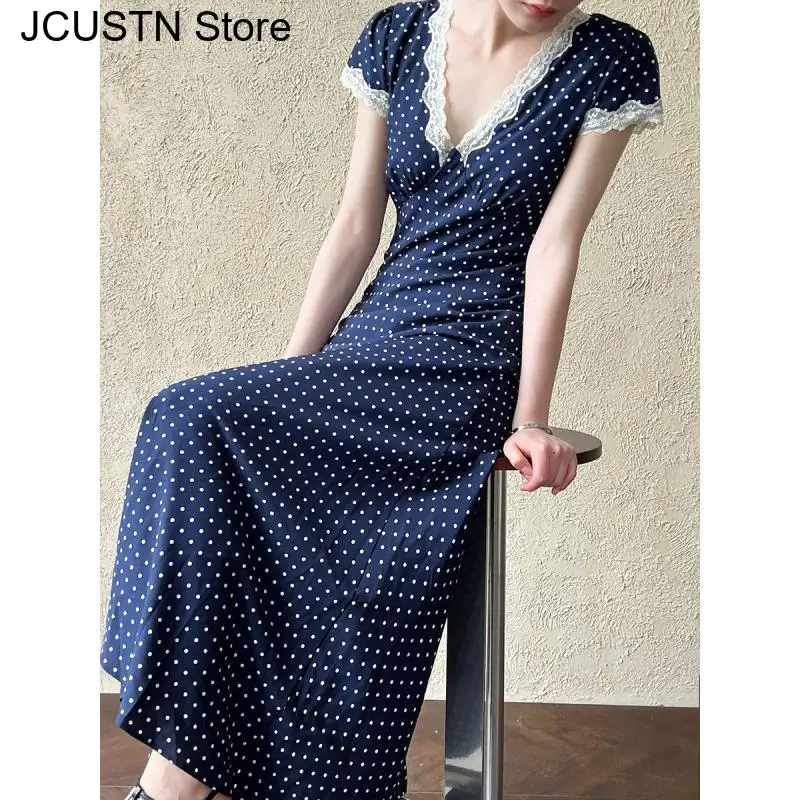 Sexy Deep V Neck Maxi Dresses Elegant French Style Dress Lace Trim Vestidos Women Polka Dot Print Lace Party Dress Summer New
Sexy Deep V Neck Maxi Dresses Elegant French Style Dress Lace Trim Vestidos Women Polka Dot Print Lace Party Dress Summer New