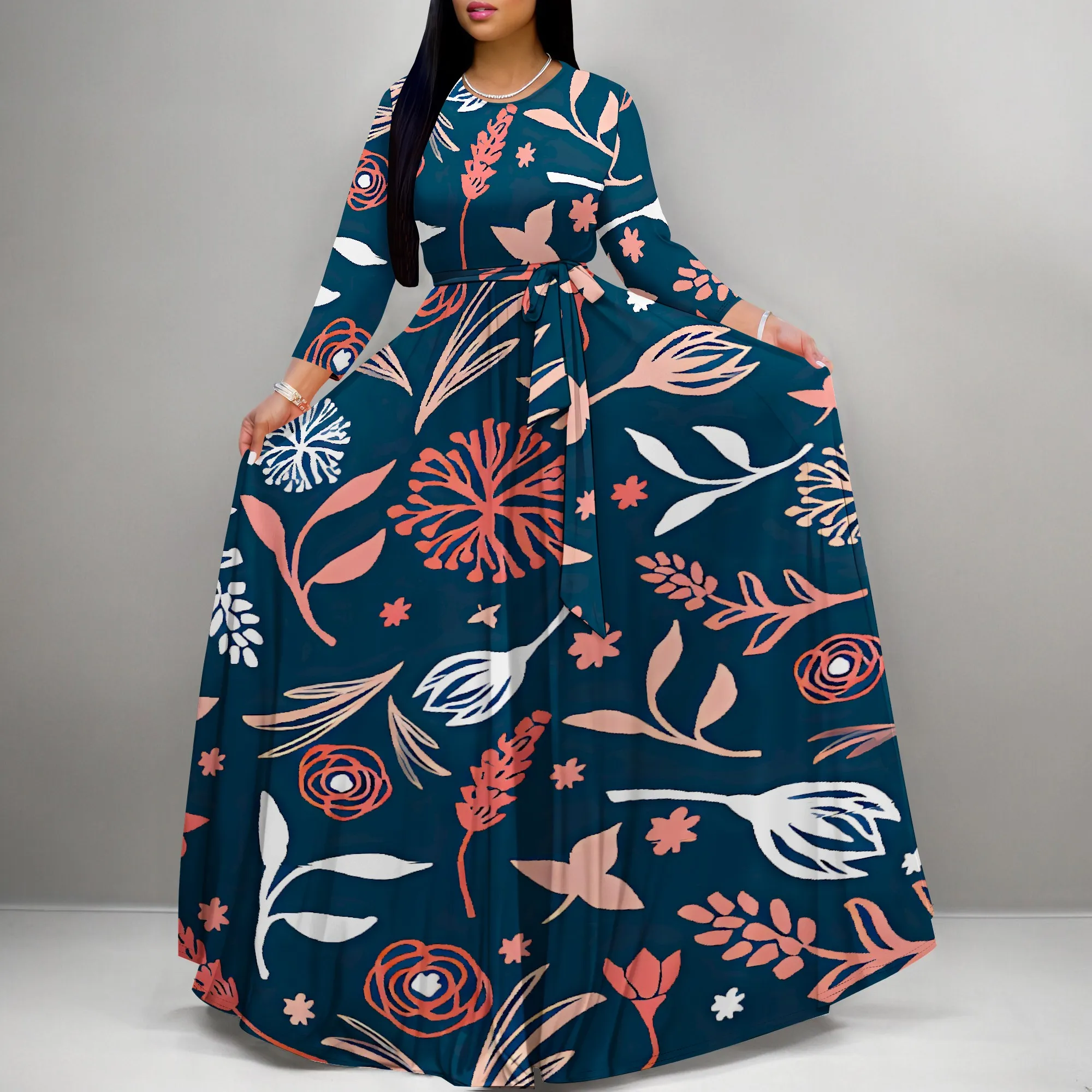 Navy Blue Floral Graphic Print Long Sleeve Maxi Dress for Women Elegant Belted Holiday Look
Navy Blue Floral Graphic Print Long Sleeve Maxi Dress for Women Elegant Belted Holiday Look