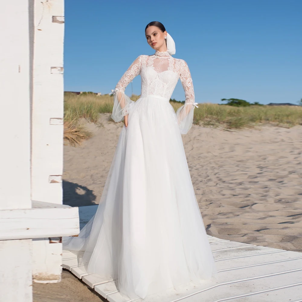 Elegant Ivory Wedding Dresses High Neck Long Sleeves Bridal Gowns Lace Appliques Sweep Train Tulle A-Line Vestidos De Novia 2024
Elegant Ivory Wedding Dresses High Neck Long Sleeves Bridal Gowns Lace Appliques Sweep Train Tulle A-Line Vestidos De Novia 2024