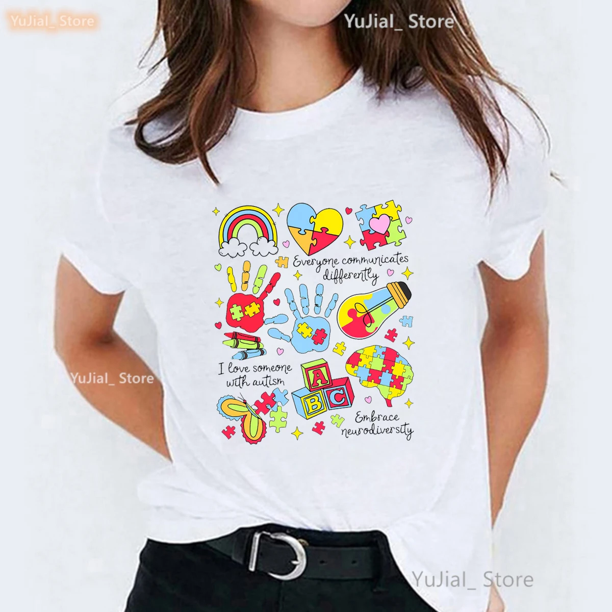 Everyone Communicates Differently Autism Graphic Printed Tshirt Girls Colorful Rainbow Summer Short Sleeve T Shirt Femme Tops
Everyone Communicates Differently Autism Graphic Printed Tshirt Girls Colorful Rainbow Summer Short Sleeve T Shirt Femme Tops