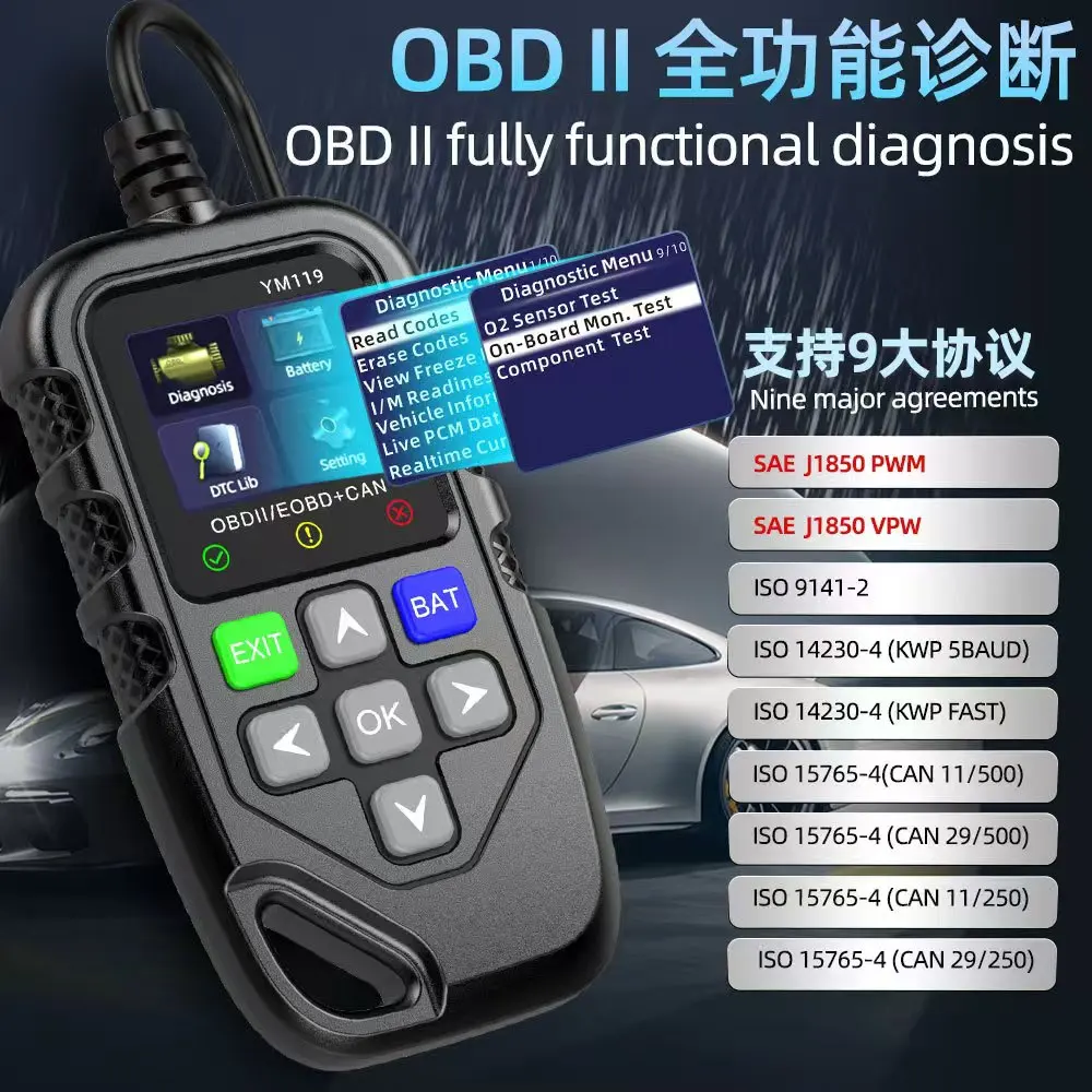 support 9 protocols with full function YM119 Car Tester OBD Battery Code Reader for Engine Analyzer Effective Fault Diagnosis
support 9 protocols with full function YM119 Car Tester OBD Battery Code Reader for Engine Analyzer Effective Fault Diagnosis