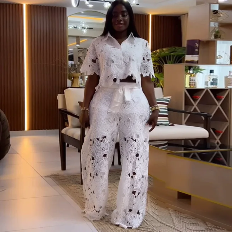 2025 Summer New Women's Two Piece Set with Collar, Short Sleeve, Hollow Lace Shirt, Strapped Pants Set 
2025 Summer New Women's Two Piece Set with Collar, Short Sleeve, Hollow Lace Shirt, Strapped Pants Set