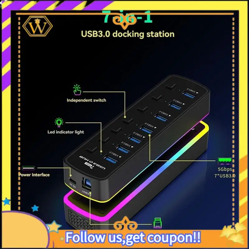Latest-RGB USB 3.0 Hub 7 Ports USB Port Adapter 5Gbps Individual On/Off Switch Splitter Gaming USB Hub For Laptop PC Computer
Latest-RGB USB 3.0 Hub 7 Ports USB Port Adapter 5Gbps Individual On/Off Switch Splitter Gaming USB Hub For Laptop PC Computer