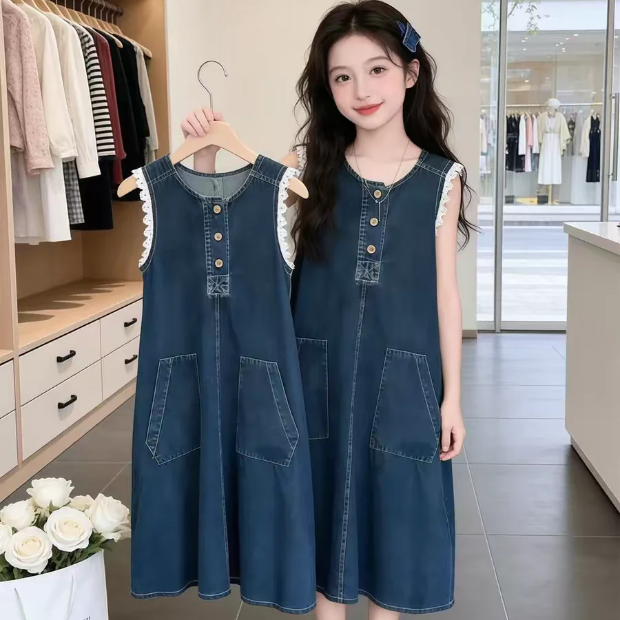 Children Vintage Blue Sleeveless Denim Dress for Girls Summer Street Outfits Kids Fashion Solid Dress in Jeans With Lace Sleeve
Children Vintage Blue Sleeveless Denim Dress for Girls Summer Street Outfits Kids Fashion Solid Dress in Jeans With Lace Sleeve
