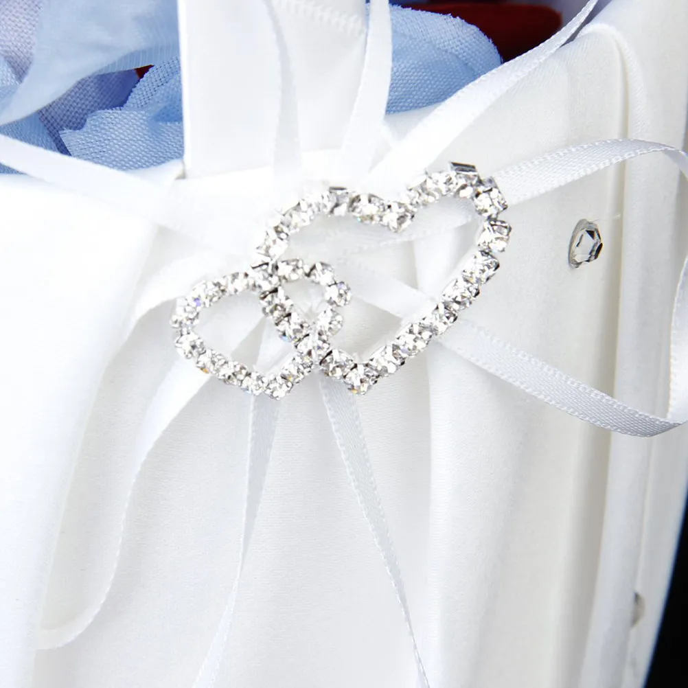 White Wedding Flower Basket with Double Heart Rhinestone Buckle Ring Pillow Satin Ribbon Candy Confetti Holder for Ceremony
White Wedding Flower Basket with Double Heart Rhinestone Buckle Ring Pillow Satin Ribbon Candy Confetti Holder for Ceremony