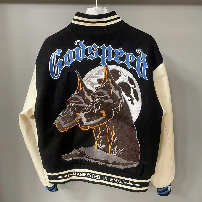 Embroidery Double Doberman Head God Speed Zipper Baseball Jacket Men Women Winter Patchwork Leather Sleeve Streetwear Jackets
Embroidery Double Doberman Head God Speed Zipper Baseball Jacket Men Women Winter Patchwork Leather Sleeve Streetwear Jackets