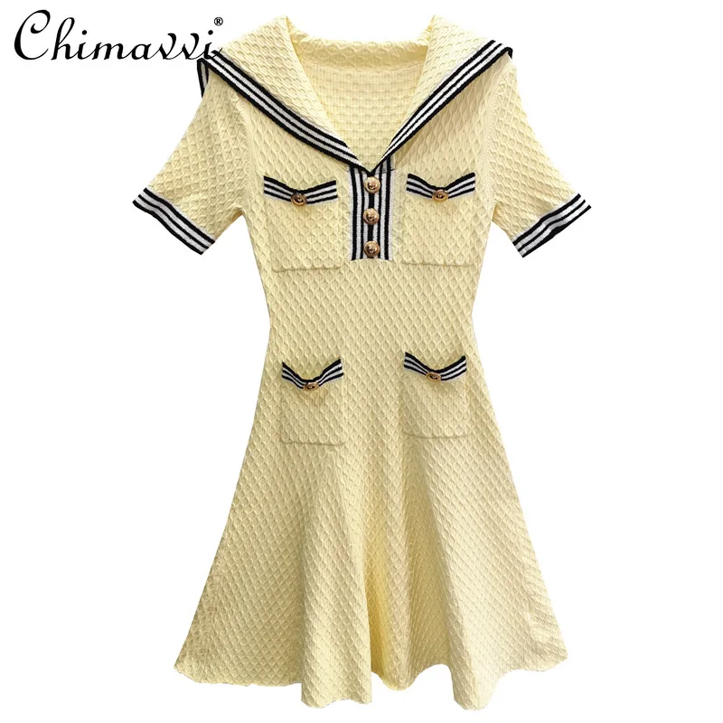 2025 Spring New Pullover Contrasting Color Striped Navy Collar Short Sleeve Slim Fit Medium and Long Knitted Dress For Women
2025 Spring New Pullover Contrasting Color Striped Navy Collar Short Sleeve Slim Fit Medium and Long Knitted Dress For Women
