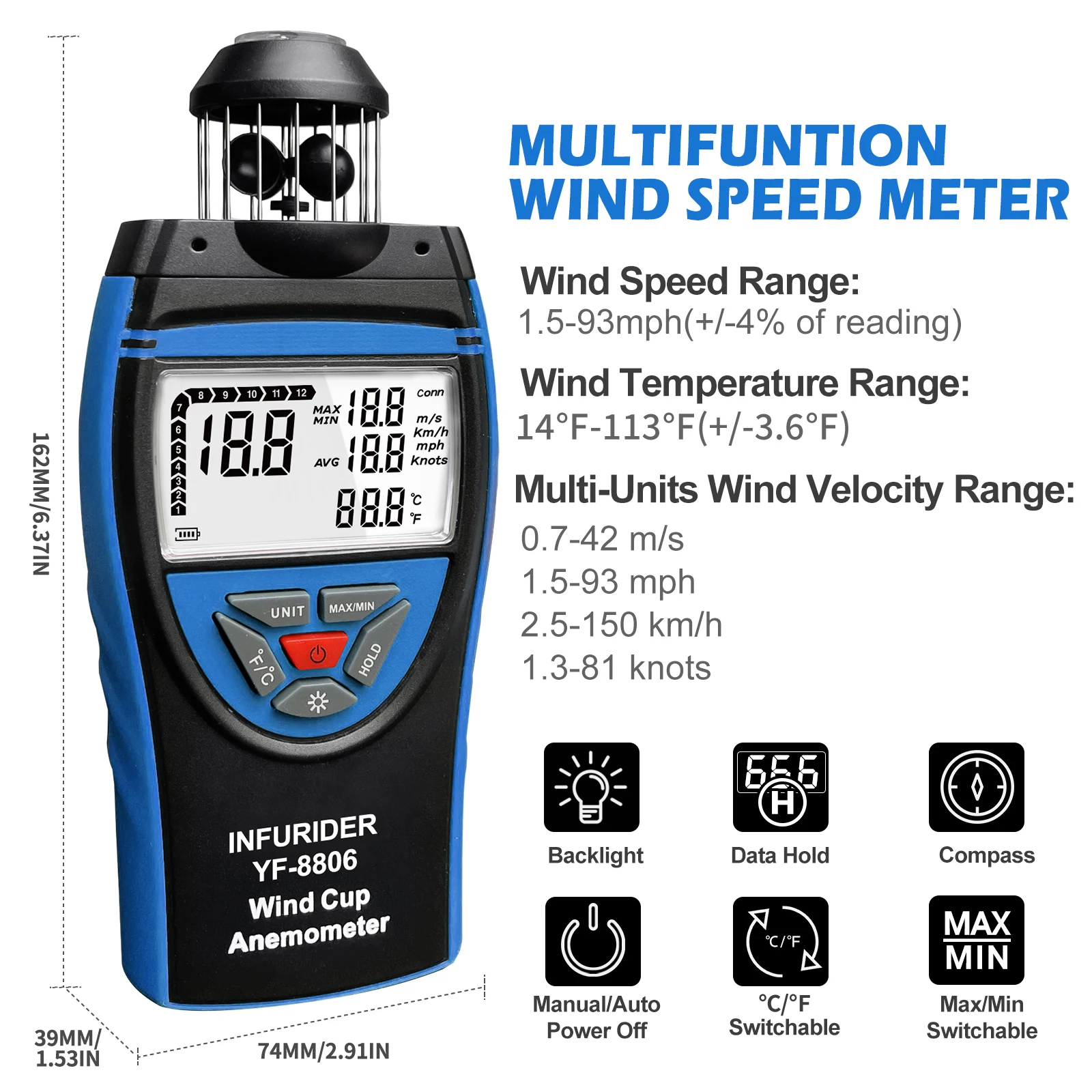 BT-8806 Cup Anemometer 0.7-42m/s 4 Units Temp Backlight MAX/MIN/HOLD Compass Tripod Mount for Outdoor
BT-8806 Cup Anemometer 0.7-42m/s 4 Units Temp Backlight MAX/MIN/HOLD Compass Tripod Mount for Outdoor