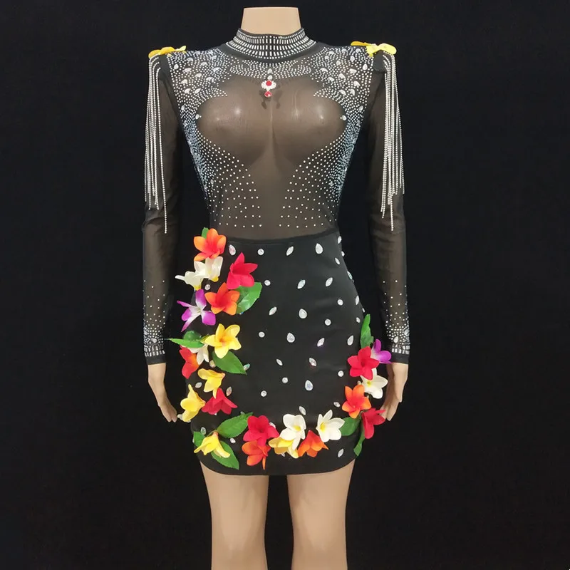 Fashion Rhinestones Flower Dress Mesh Black Transparent Women Prom Banquet Birthday Celebrate Stage Performance Costume
Fashion Rhinestones Flower Dress Mesh Black Transparent Women Prom Banquet Birthday Celebrate Stage Performance Costume