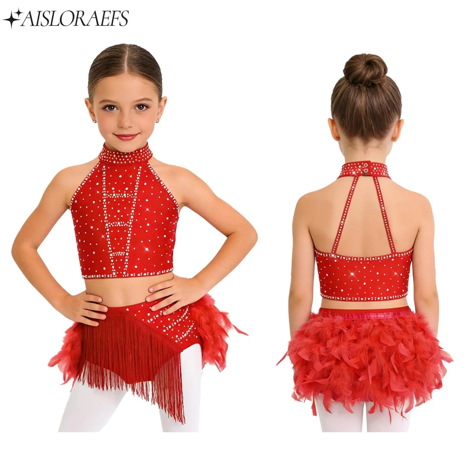 Детский костюм для латиноамериканских танцев (самба, румба, чача) для девочек: топ-халтер без рукавов с бретелями на спине + юбка с бахромой и перьями
Детский костюм для латиноамериканских танцев (самба, румба, чача) для девочек: топ-халтер без рукавов с бретелями на спине + юбка с бахромой и перьями