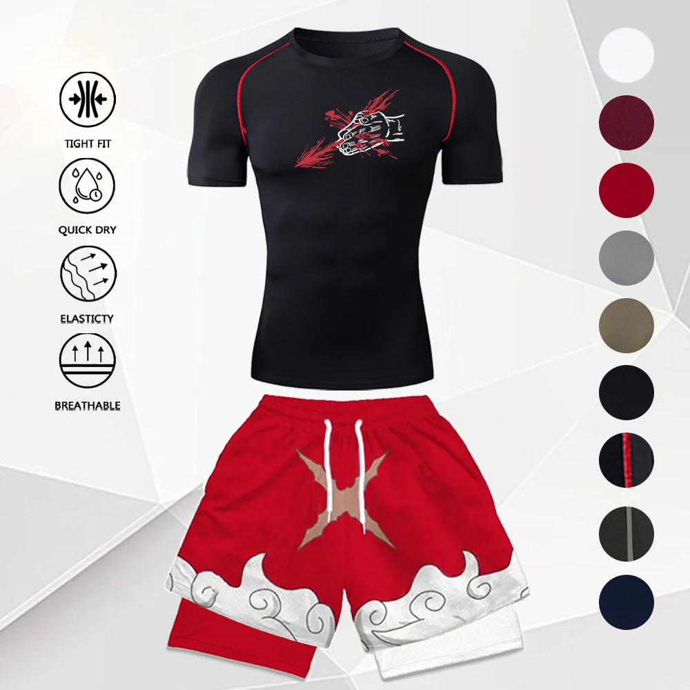 Men's 2Pcs Anime Gym Outfit Compression Tee Fist Print + Cloud Print Double Layer Shorts Set Quick Dry Fitness Sportswear Suit
Men's 2Pcs Anime Gym Outfit Compression Tee Fist Print + Cloud Print Double Layer Shorts Set Quick Dry Fitness Sportswear Suit