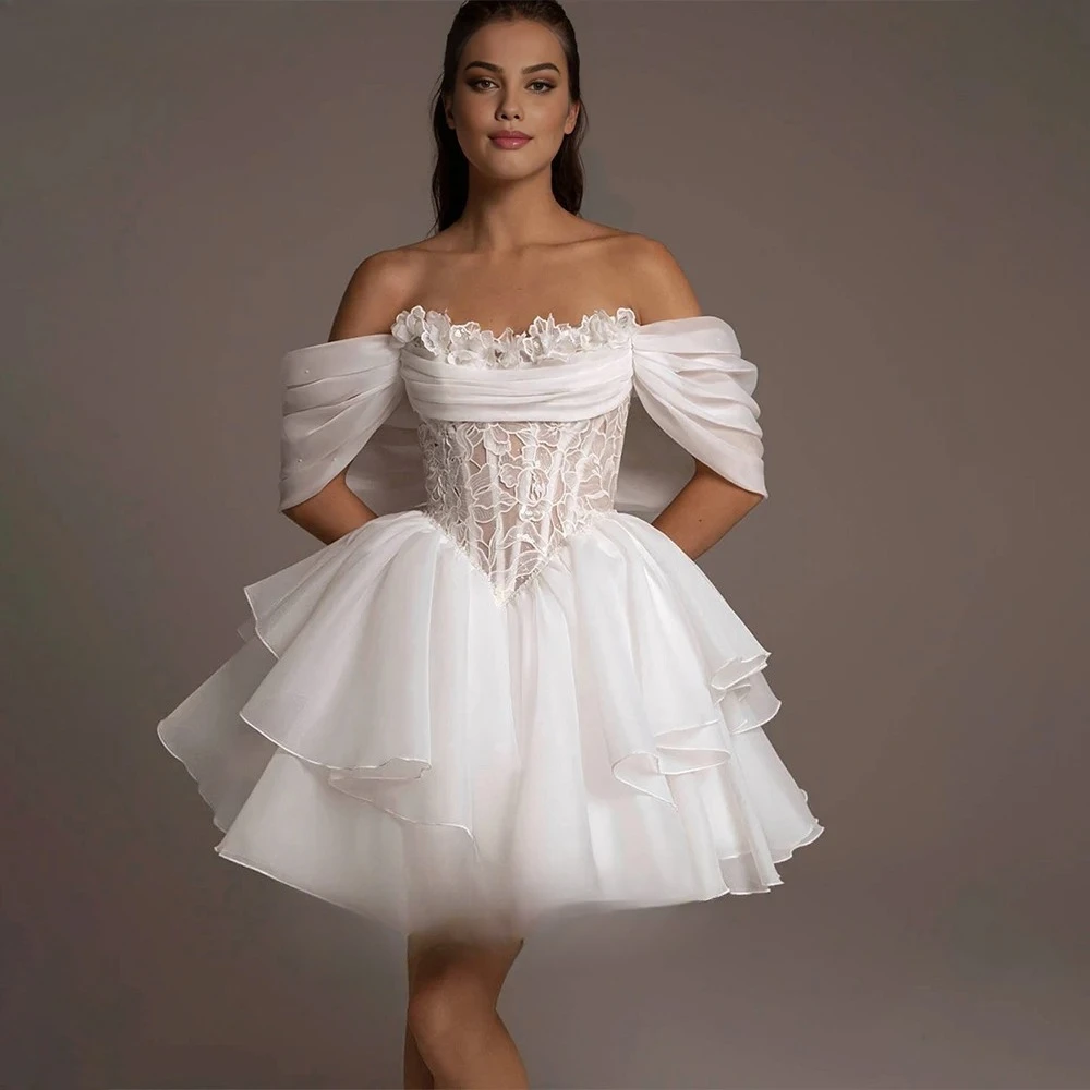 White Orangza Short Bridal Gowns Off Shoulder A Line Pleat Appliques Wedding Dresses Customized Bride Dress Vestido de novia
White Orangza Short Bridal Gowns Off Shoulder A Line Pleat Appliques Wedding Dresses Customized Bride Dress Vestido de novia
