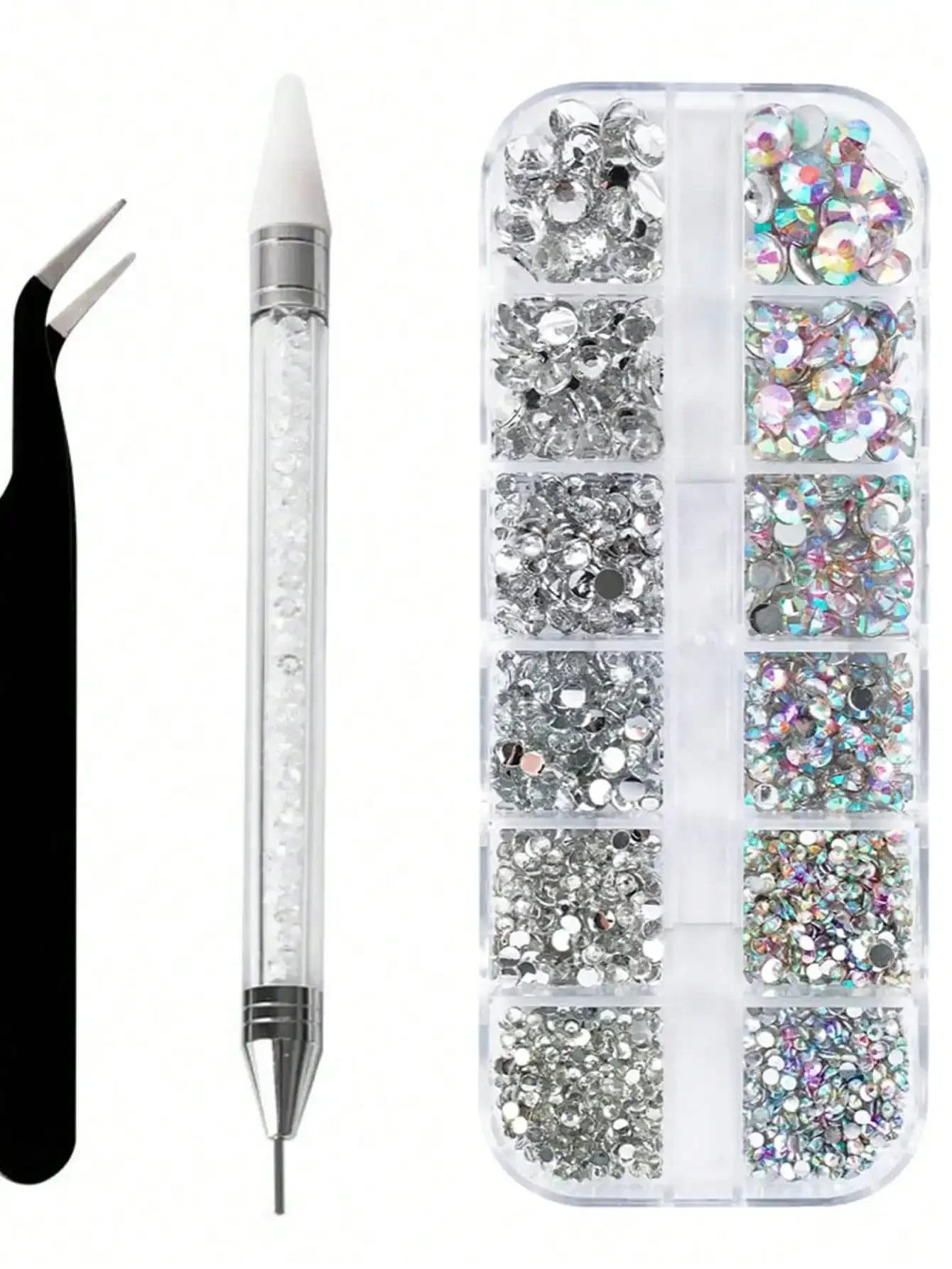 12 Compartments 6 Sizes Transparent Rhinestones, Flat Shiny Crystal Nail Gems, Includes Tweezers, Rhinestone Picker And Dotting
12 Compartments 6 Sizes Transparent Rhinestones, Flat Shiny Crystal Nail Gems, Includes Tweezers, Rhinestone Picker And Dotting