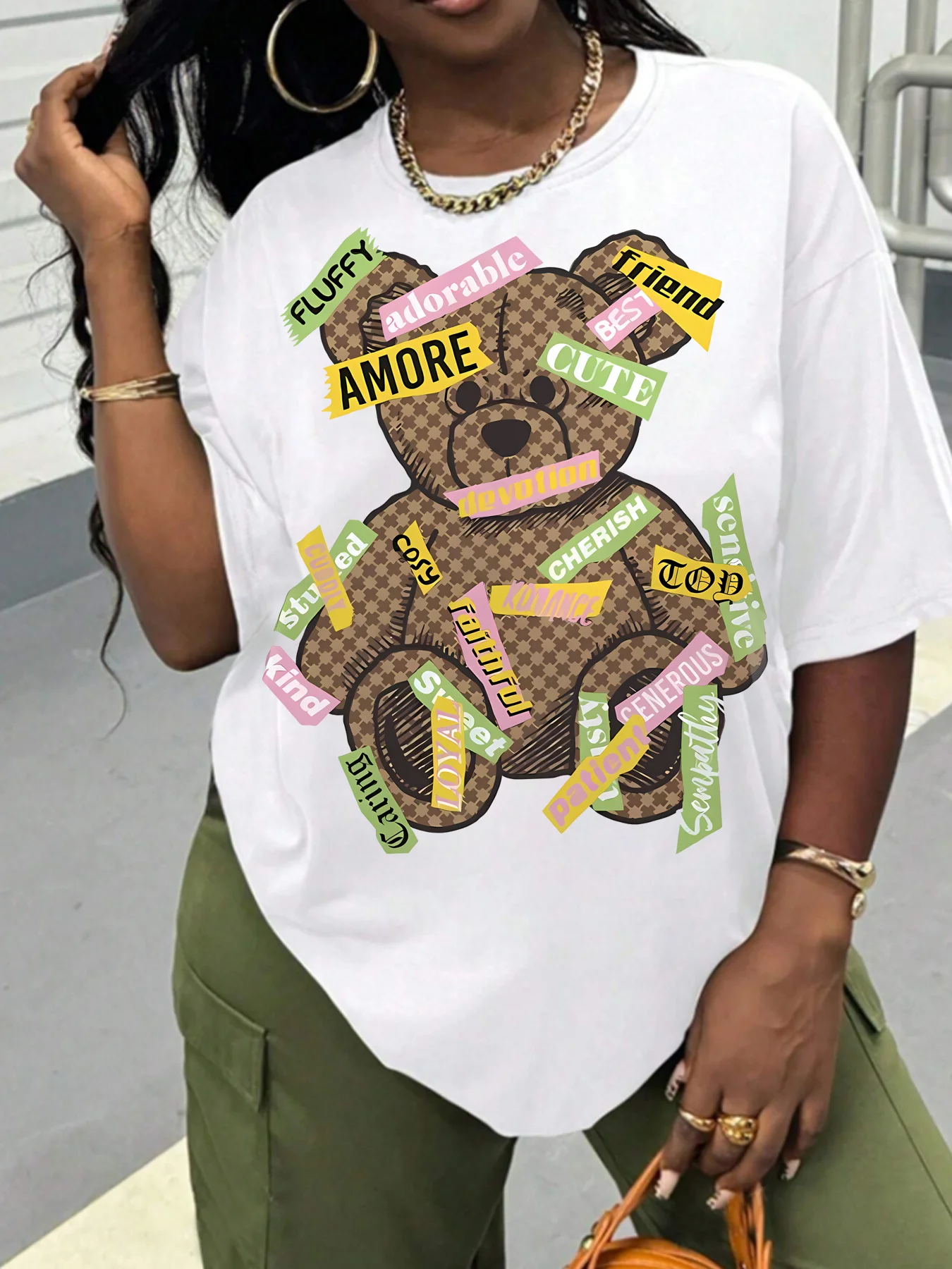 Teddy bear Plus size women's round neck short sleeve T-shirt with elastic half sleeves and trendy prints
Teddy bear Plus size women's round neck short sleeve T-shirt with elastic half sleeves and trendy prints