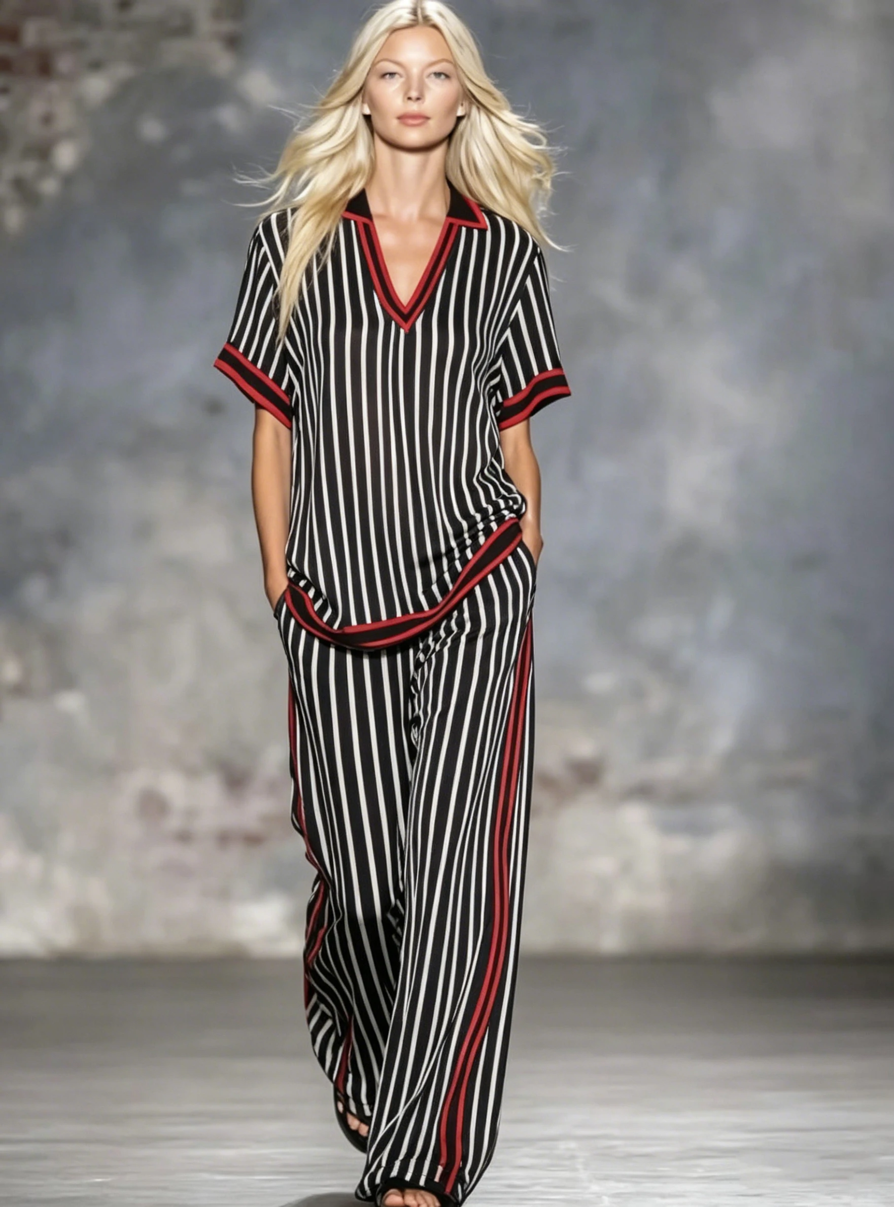 Women's Summer Simple Stripe Print Two Piece Set V Neck Loose Short Sleeve Top Wide Leg Pants Casual Fashion Set
Women's Summer Simple Stripe Print Two Piece Set V Neck Loose Short Sleeve Top Wide Leg Pants Casual Fashion Set