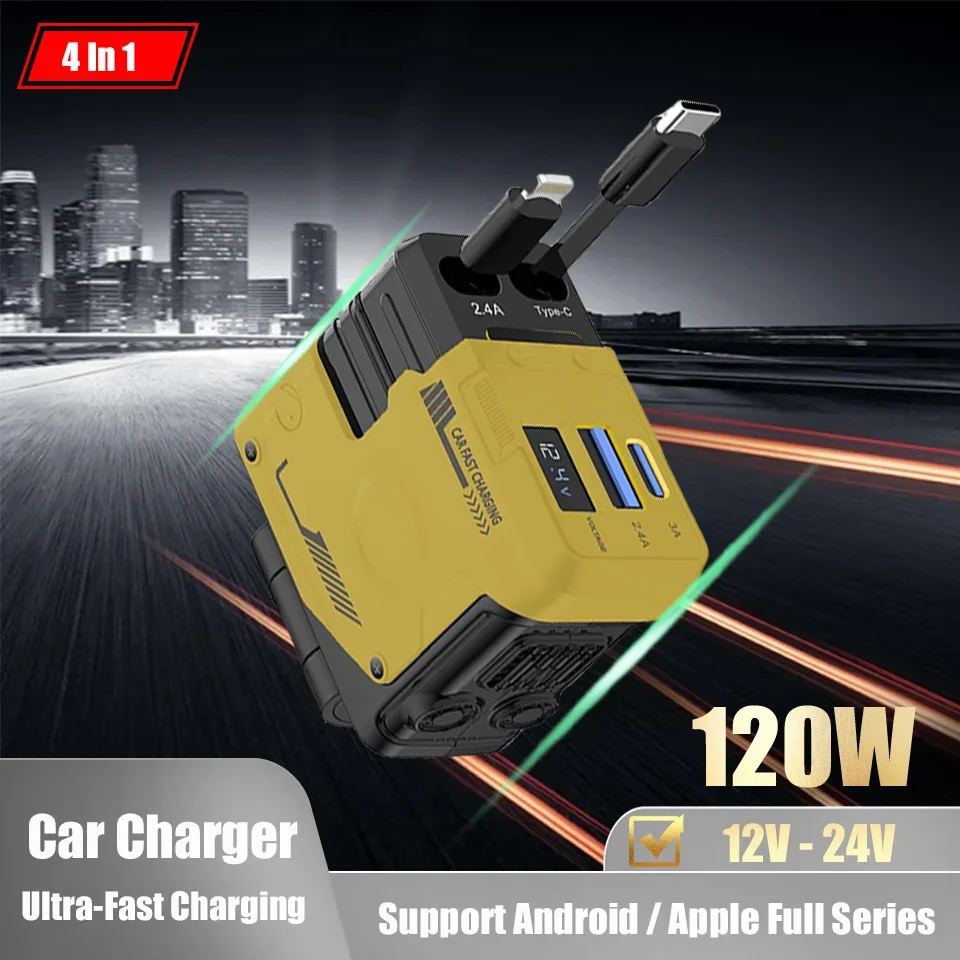 Car Charger 120W Retractable Cable with Apple Flash Type-c Fast Charging Cable Screen Display 4 in 1 Cigarette Lighter 12V-24V
Car Charger 120W Retractable Cable with Apple Flash Type-c Fast Charging Cable Screen Display 4 in 1 Cigarette Lighter 12V-24V