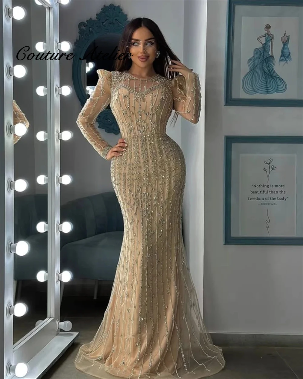 Champagne Nude Rhinestones Elegant Mermaid Luxury Pearls Beaded Arabic Evening Dress Gown for Formal Occasion Customized
Champagne Nude Rhinestones Elegant Mermaid Luxury Pearls Beaded Arabic Evening Dress Gown for Formal Occasion Customized