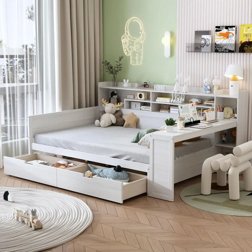 Multifunctional Daybed with Study Desk, Storage Shelves and Drawers, Space-Saving Wooden Bed for Kids and Teens in Antique White
Multifunctional Daybed with Study Desk, Storage Shelves and Drawers, Space-Saving Wooden Bed for Kids and Teens in Antique White