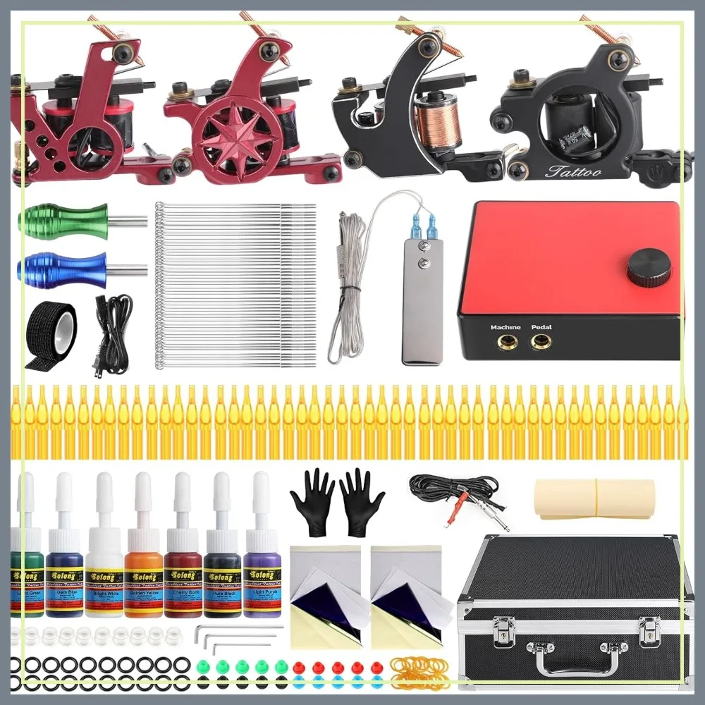 Complete Tattoo Kit: 4 Guns, 54 Inks, Power Supply, Foot Pedal, Needles, Grips, Tips, Case
Complete Tattoo Kit: 4 Guns, 54 Inks, Power Supply, Foot Pedal, Needles, Grips, Tips, Case