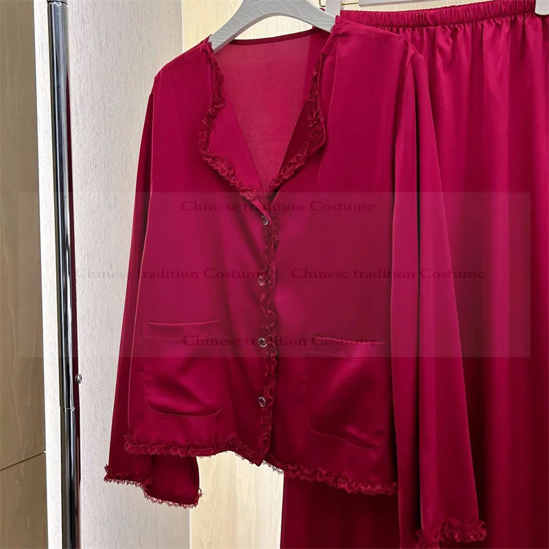 Luxury Burgundy Pajamas Set Women Elegant Lace Trim Shirt Pants Long Sleeve Loungewear Bride Wedding Sleepwear Nightwear
Luxury Burgundy Pajamas Set Women Elegant Lace Trim Shirt Pants Long Sleeve Loungewear Bride Wedding Sleepwear Nightwear