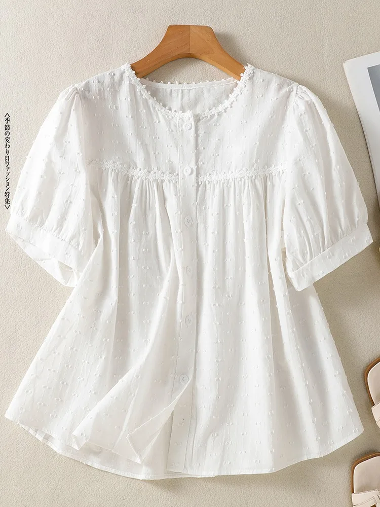 Japanese Style Sweet Embroidered Cotton Linen Short Sleeve Shirt Women Summer Loose Elegant round Neck Doll Shirt White Thin
Japanese Style Sweet Embroidered Cotton Linen Short Sleeve Shirt Women Summer Loose Elegant round Neck Doll Shirt White Thin