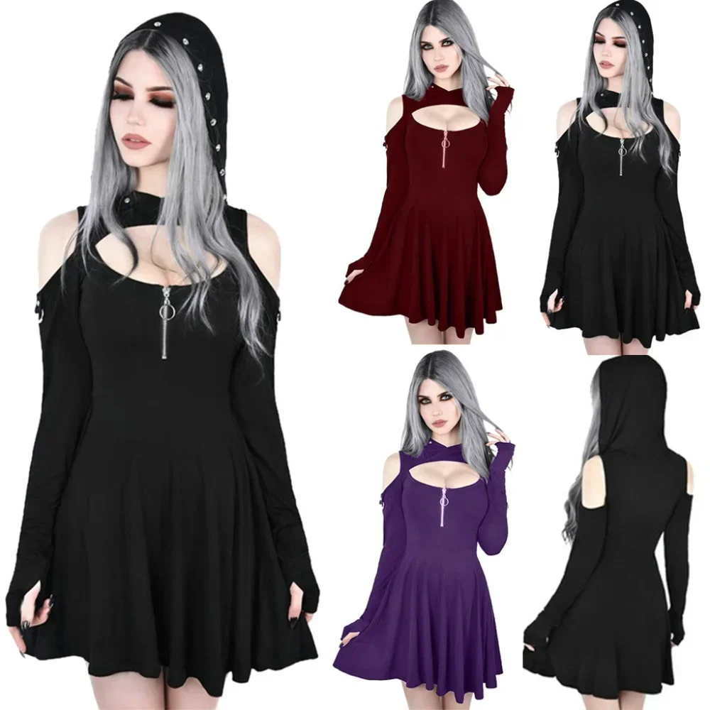 Punk Long Sleeve Hooded Dress Women Solid Zipper, Rivet, Hollow Out, A-LINE Dresses
Punk Long Sleeve Hooded Dress Women Solid Zipper, Rivet, Hollow Out, A-LINE Dresses