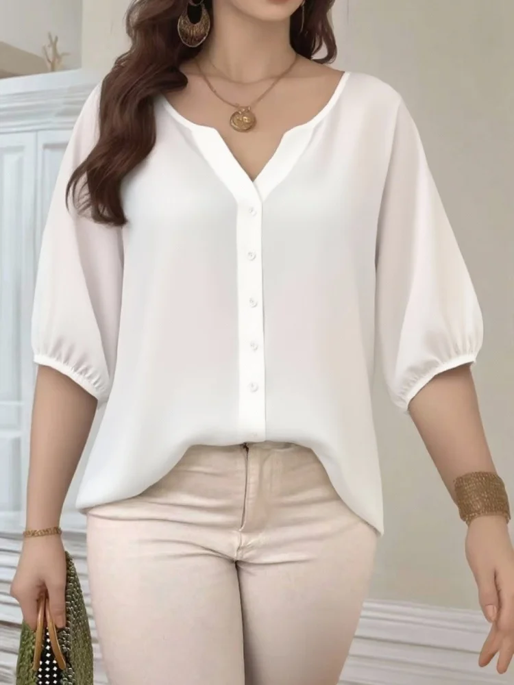 Women's Elegant Solid Blouse Plus Size Vintage V Neck Half Sleeve Button Down Casual Work Shirt Summer Holiday 5xl Female
Women's Elegant Solid Blouse Plus Size Vintage V Neck Half Sleeve Button Down Casual Work Shirt Summer Holiday 5xl Female