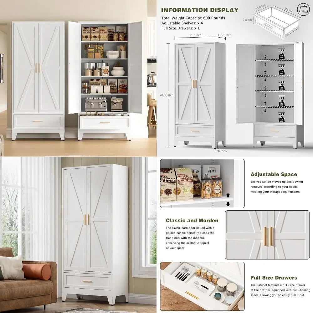 Farmhouse Kitchen Pantry Cabinet 72 Tall Wood Kitchen Storage Cabinets with Adjustable Shelves amp 2 Barn Doors amp Drawer, Ver
Farmhouse Kitchen Pantry Cabinet 72 Tall Wood Kitchen Storage Cabinets with Adjustable Shelves amp 2 Barn Doors amp Drawer, Ver