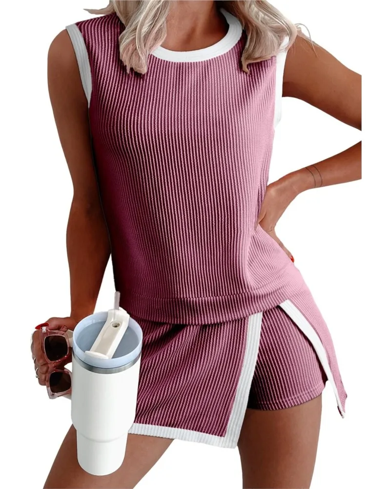 Contrast Color Slit Vest Shorts 2-piece Set 2026 Summer Women's New Fashion And Comfortable Round Neck Sleeveless Top Shorts Set
Contrast Color Slit Vest Shorts 2-piece Set 2026 Summer Women's New Fashion And Comfortable Round Neck Sleeveless Top Shorts Set
