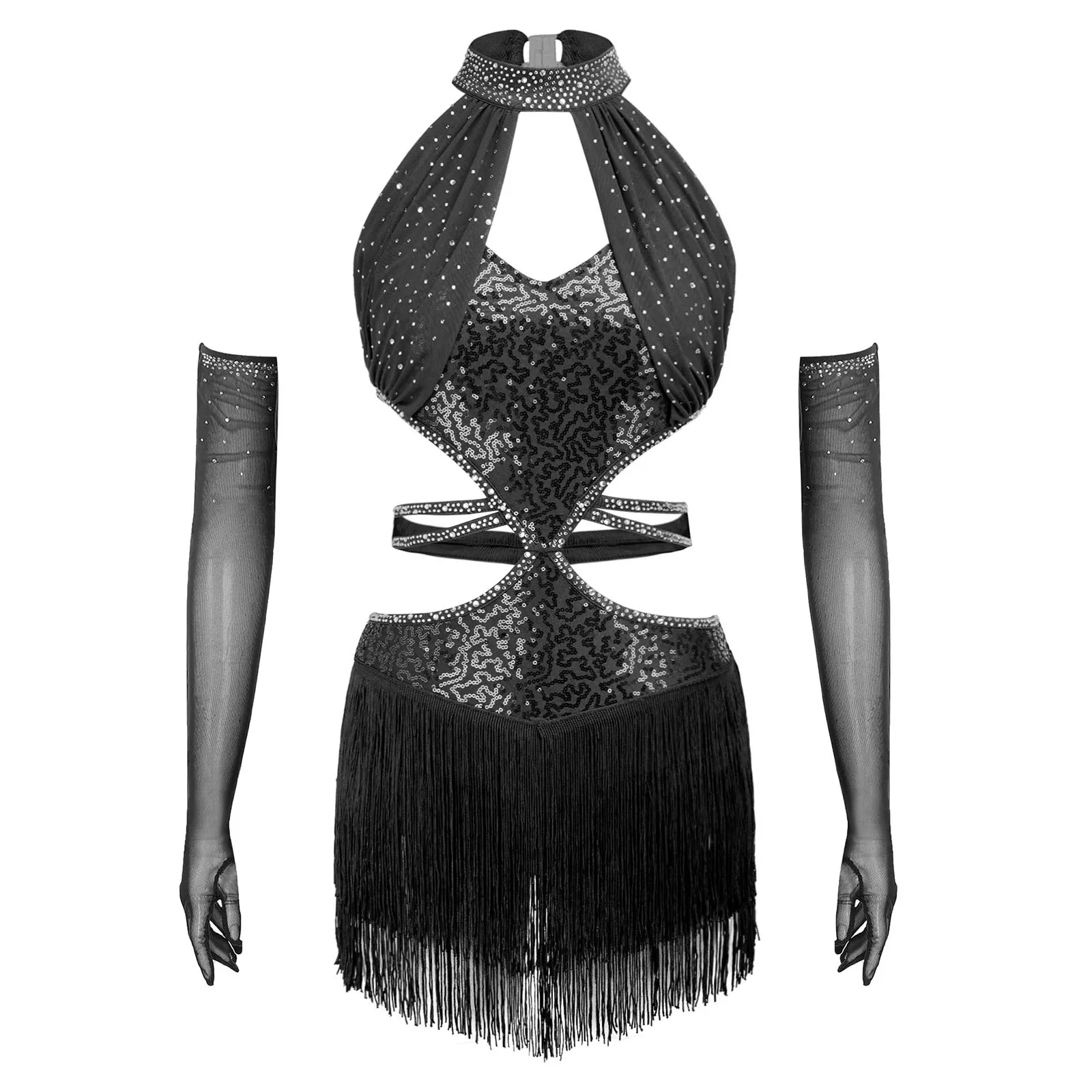 Women Latin Samba Tango Dance Fringed Dresses with Sheer Gloves Sleeveless Sequin Strappy Waist Tassel Dress Performance Costume
Women Latin Samba Tango Dance Fringed Dresses with Sheer Gloves Sleeveless Sequin Strappy Waist Tassel Dress Performance Costume