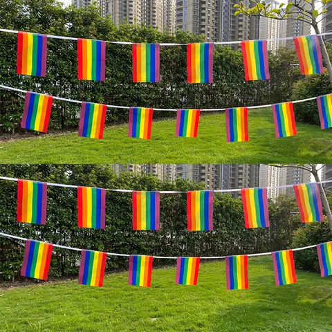 Aerlxemrbrae 5.5M 20pcs/set14cmx21cm Rainbow string flag Polyester standard Flag Gay Pride Peace Flags