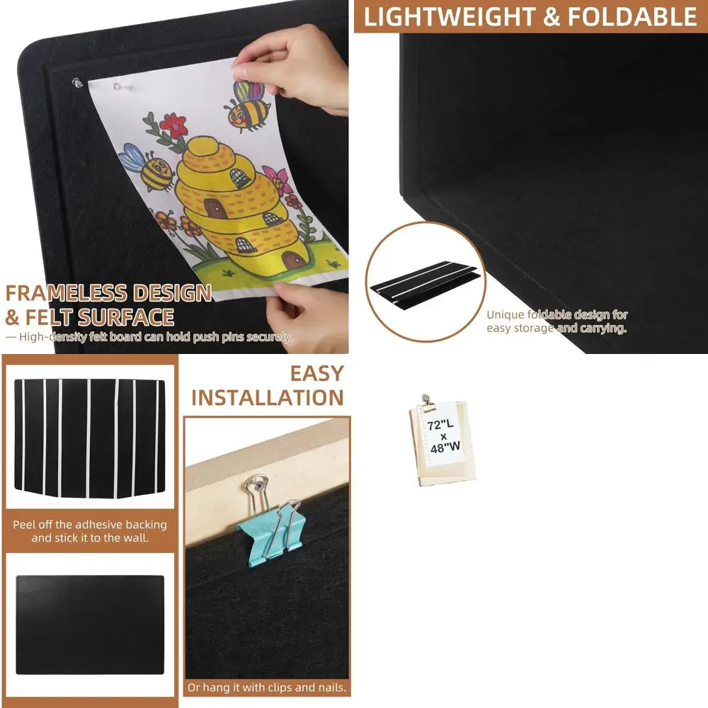 72 x 48 Large Decorative Felt Pinboard - Foldable, Self-Adhesive Vision Board with 50 Pushpins, Office/Home/School Use, Black
72 x 48 Large Decorative Felt Pinboard - Foldable, Self-Adhesive Vision Board with 50 Pushpins, Office/Home/School Use, Black